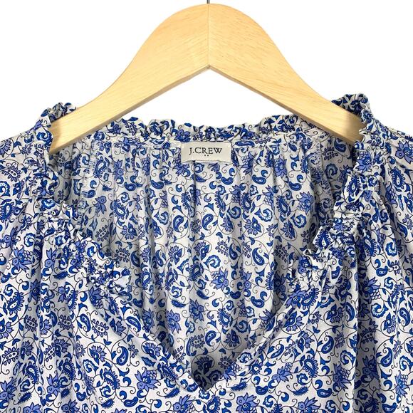 J.Crew Factory Women's Top Blue White Micro Floral Paisley Split Neck - Picture 4 of 11